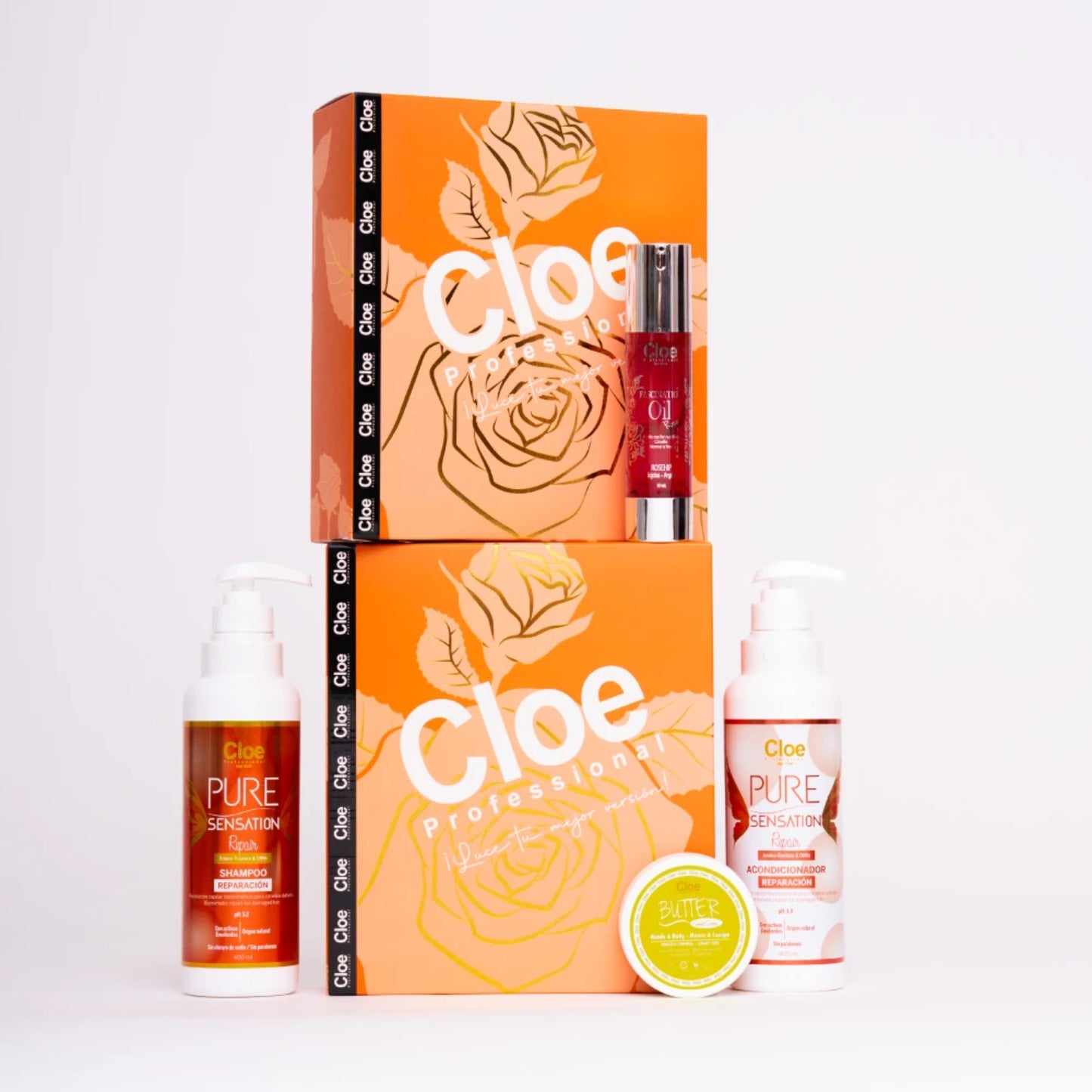 Cloe Set Pure Sensation Repair Shampoo Y Acondicionador 400 ML + Fascination Oil Rose 50 ML + Manteca Corporal 60 GR